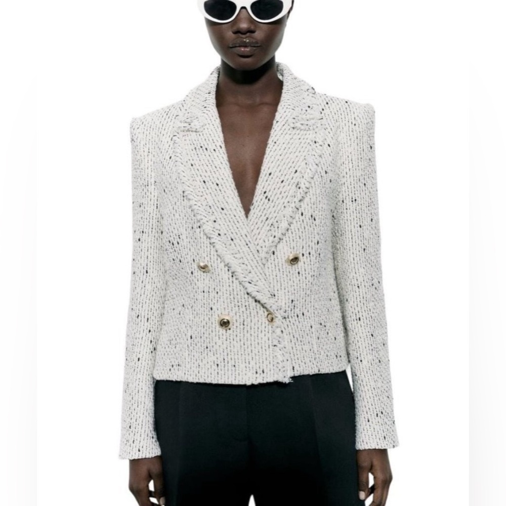ZARA  TEXTURED DOUBLE-BREASTED BLAZER ECRU / BLACK SIZE M
